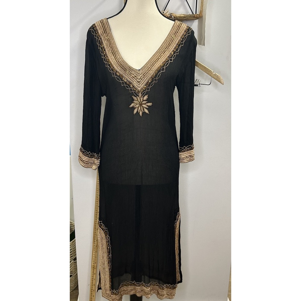 Lisa Curran 100% Silk Tunic Coverup, Size Medium Black Color Embroidered In gold